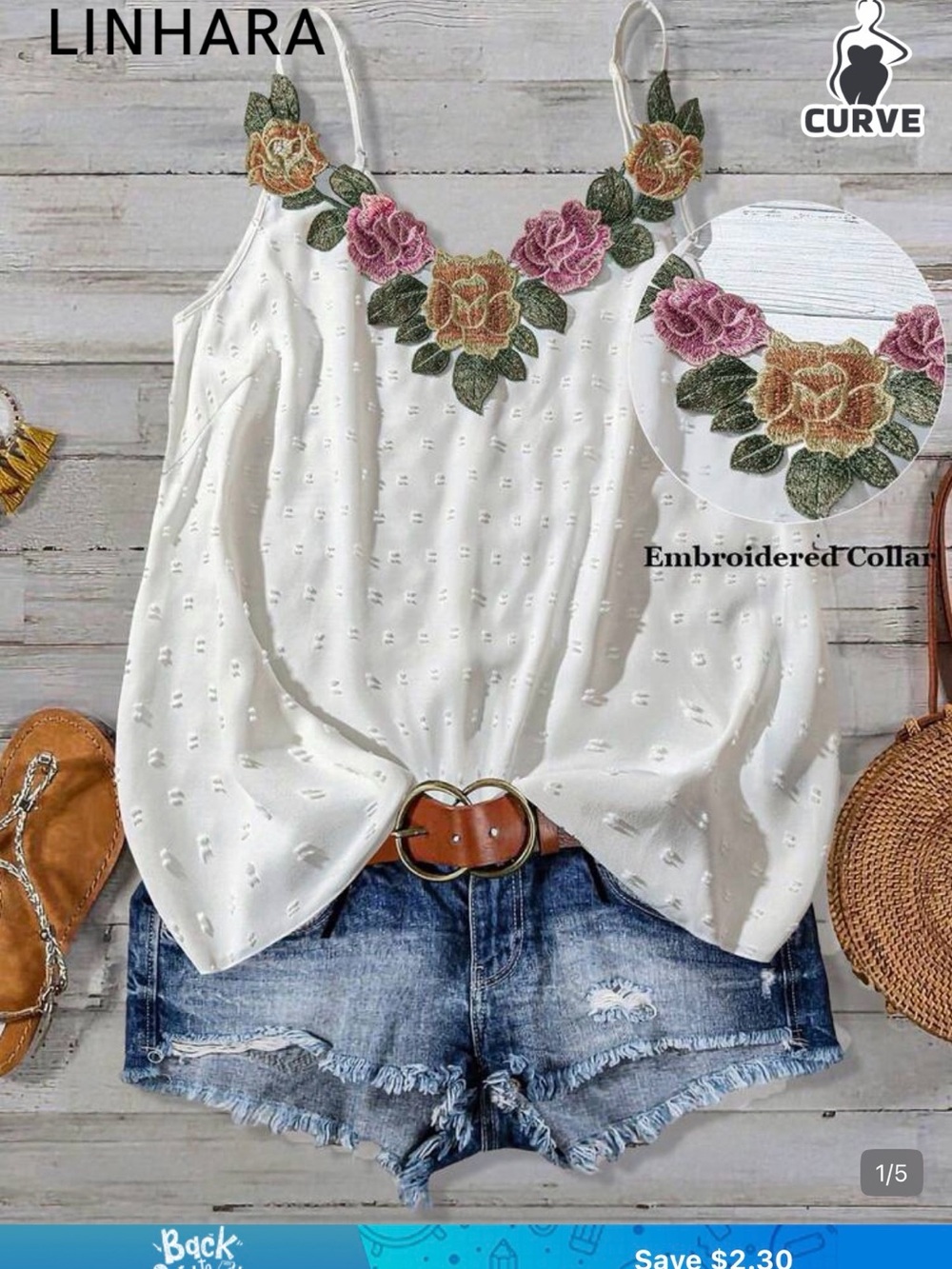 SHEIN curve plus white Eyelet Spaghetti Tank with Pink Floral Embroidered Collar